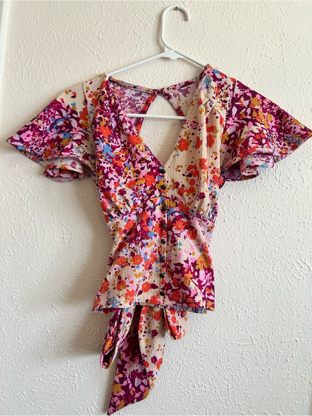 Anthropologie Pink and Red Floral Tie-Waist Wrap Top